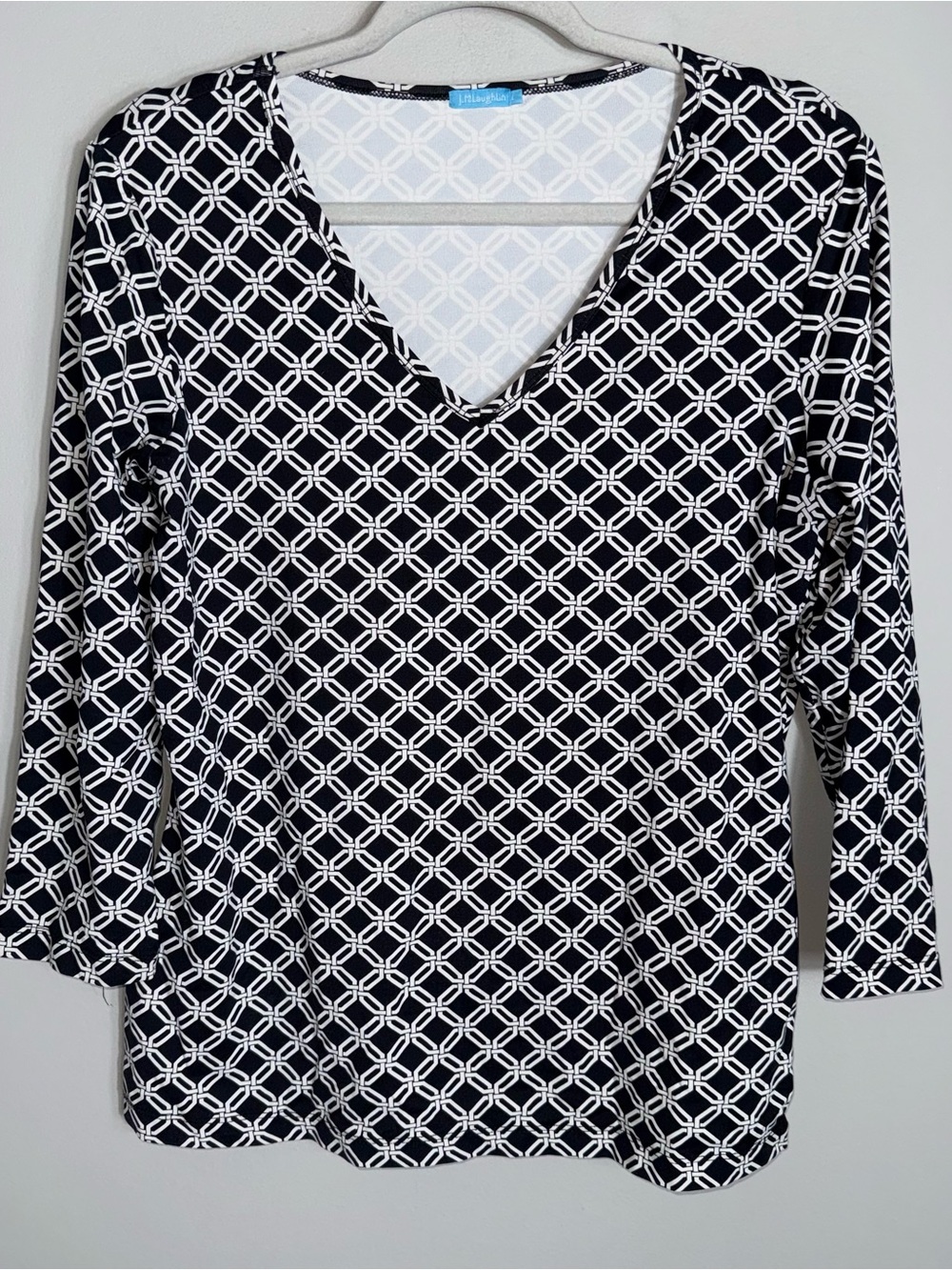J McLaughlin 3/4 Sleeve Catalina Cloth Blouse Top-Black White Design-Large